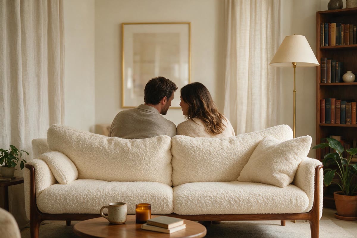 A couple in conversation on a sofa