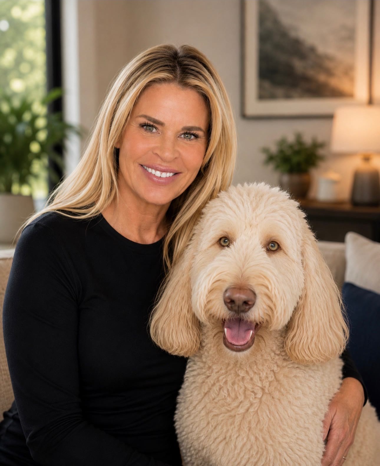 Dr. Stephanie Reynolds at home with her goldendoodle